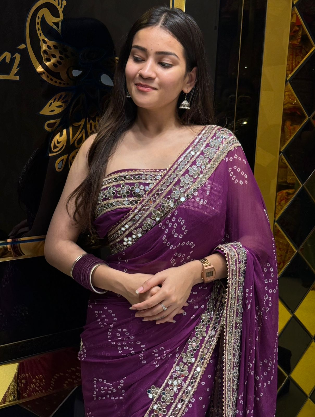 Purple Pure Chiffon Bandhani Mirror Handwork Saree (193)