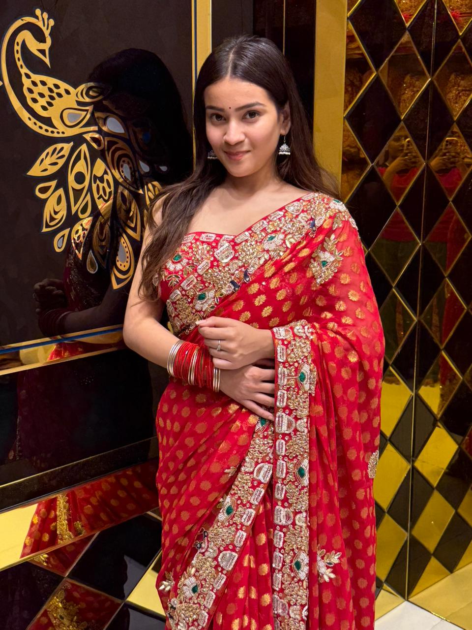 Red Premium Khaddi Georgette Handwork saree (196)