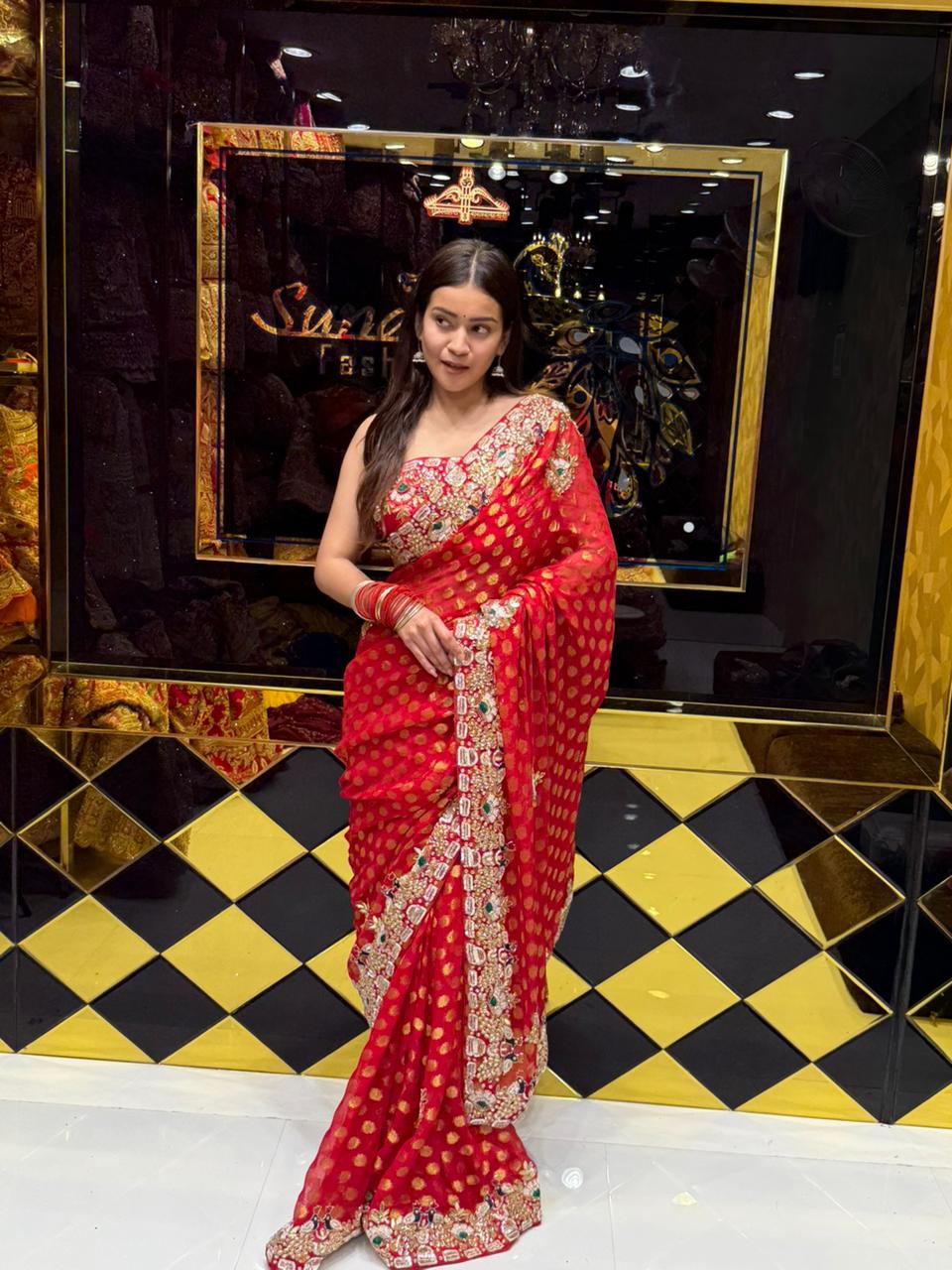 Red Premium Khaddi Georgette Handwork saree (196)