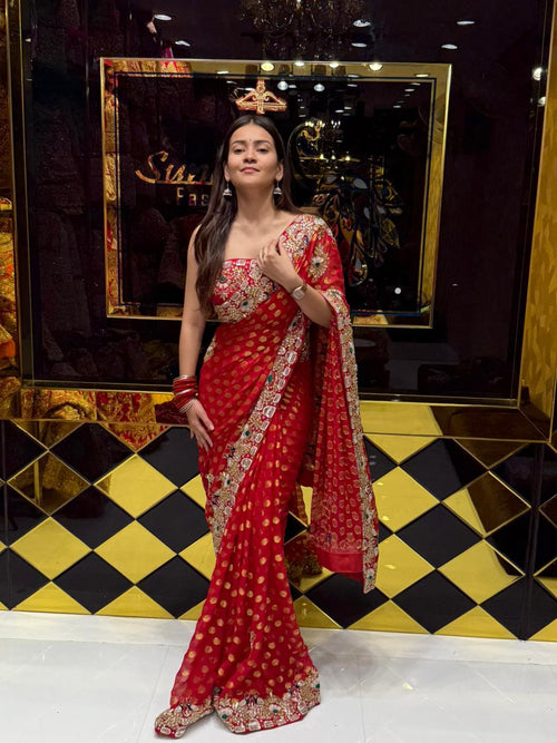 Red Premium Khaddi Georgette Handwork saree (196)