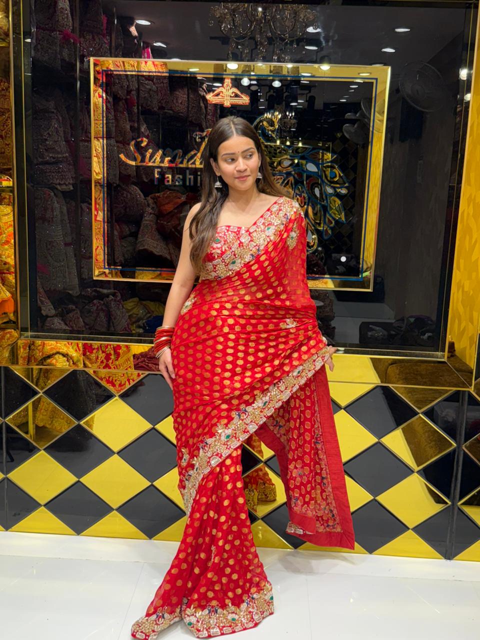 Red Premium Khaddi Georgette Handwork saree (196)