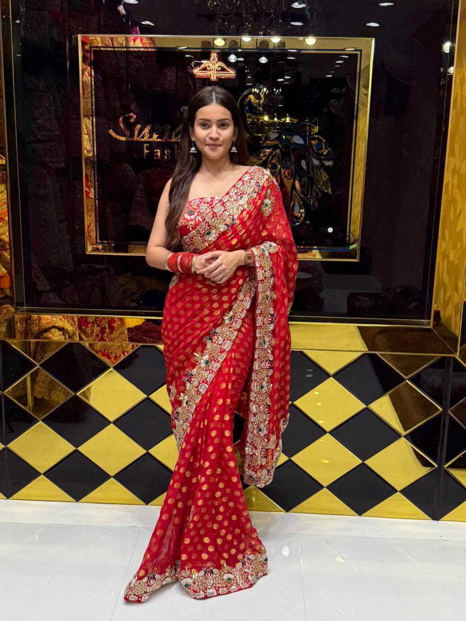 Red Premium Khaddi Georgette Handwork saree (196)