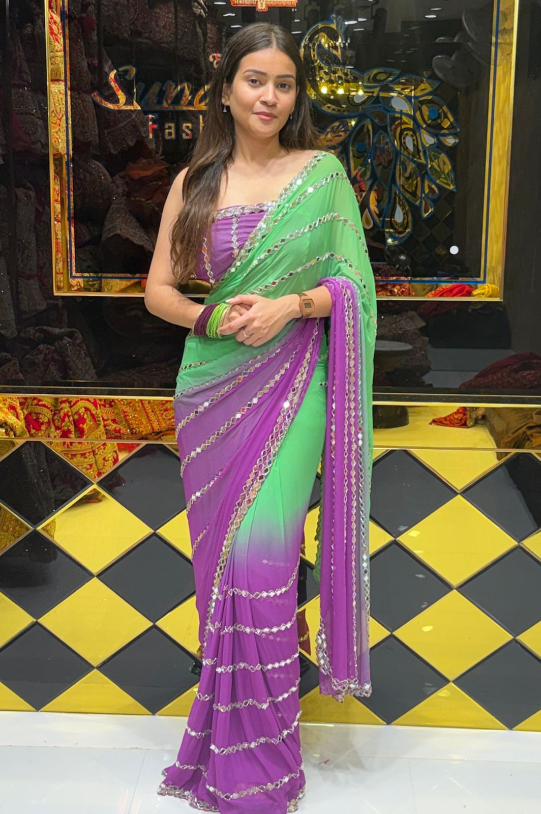 Dual Shade Original Mirror Work Saree (194)