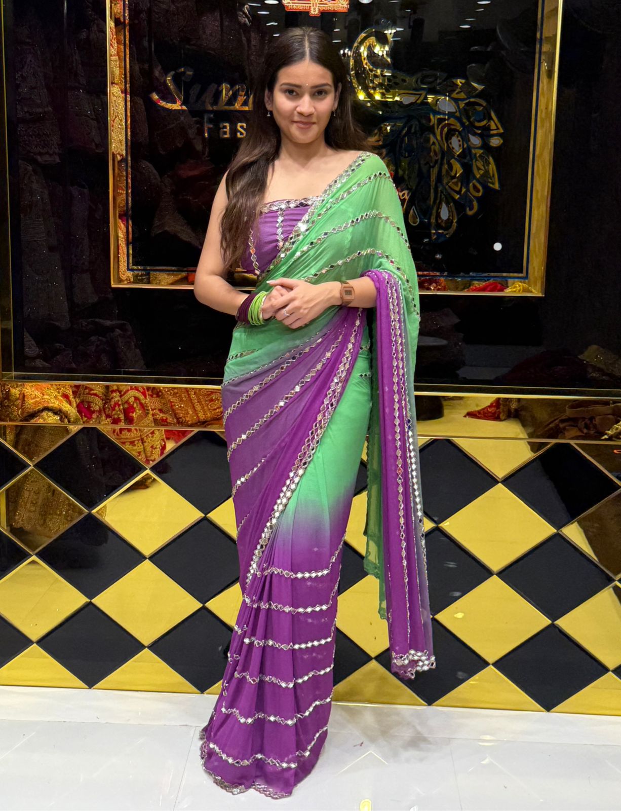 Dual Shade Original Mirror Work Saree (194)