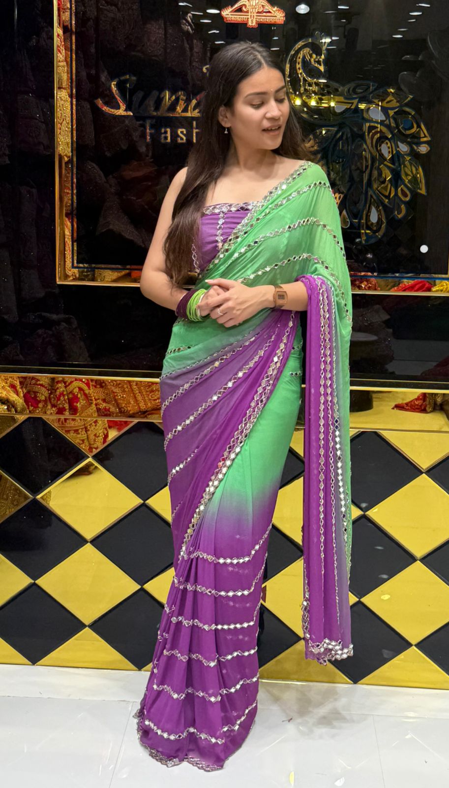 Dual Shade Original Mirror Work Saree (194)