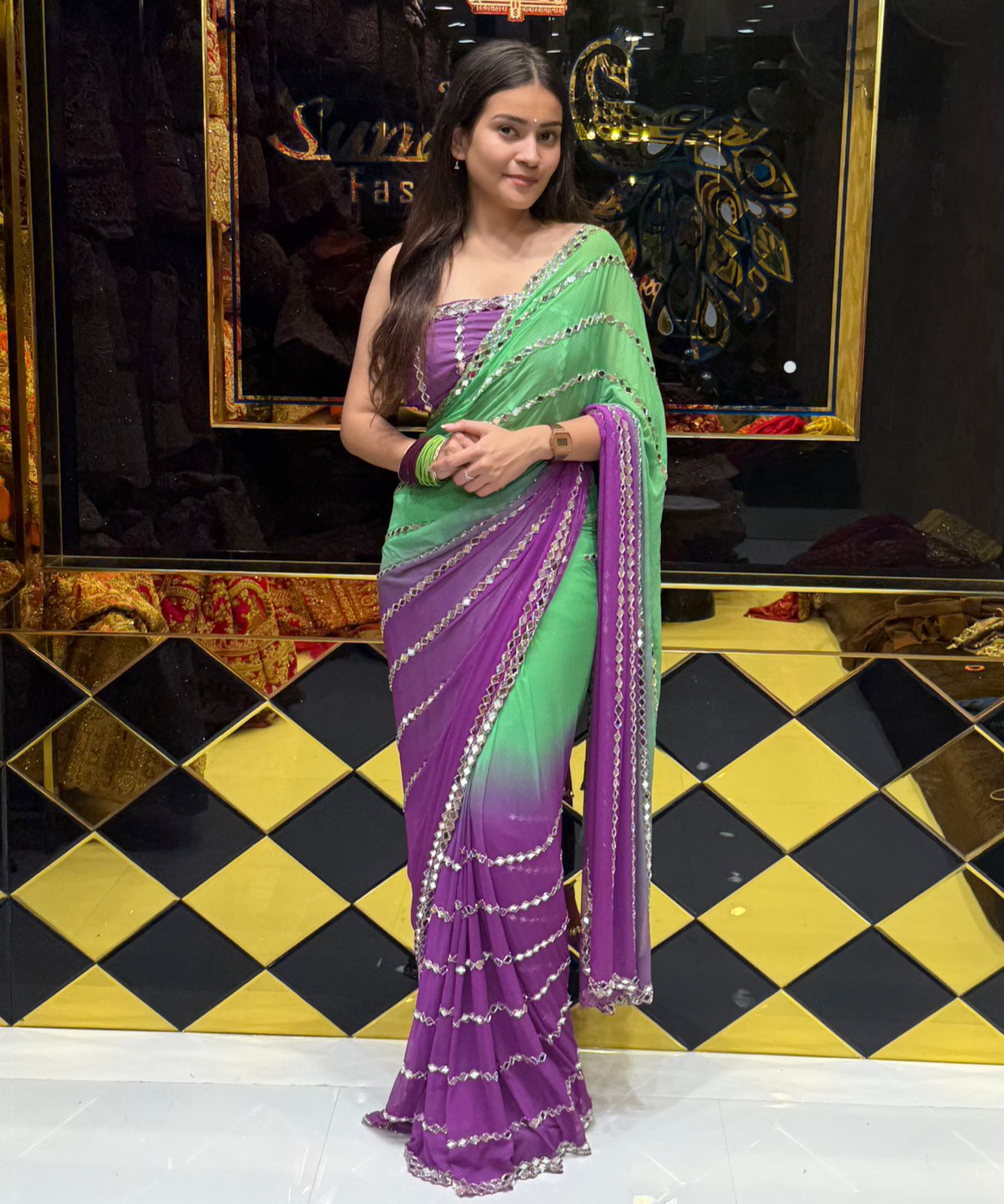 Dual Shade Original Mirror Work Saree (194)