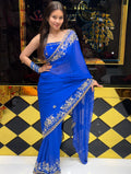 Blue Premium Handwork Pure Chiffon Saree (195)