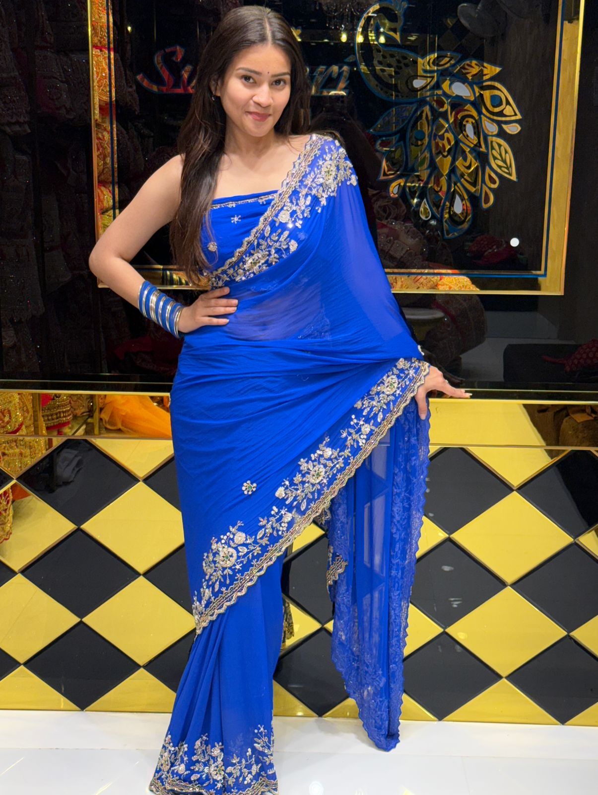 Blue Premium Handwork Pure Chiffon Saree (195)