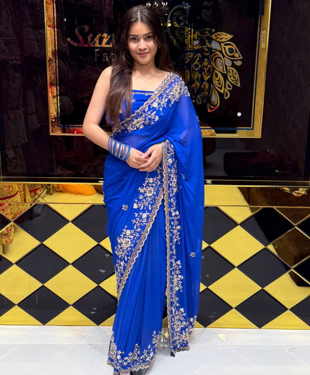 Blue Premium Handwork Pure Chiffon Saree (195)