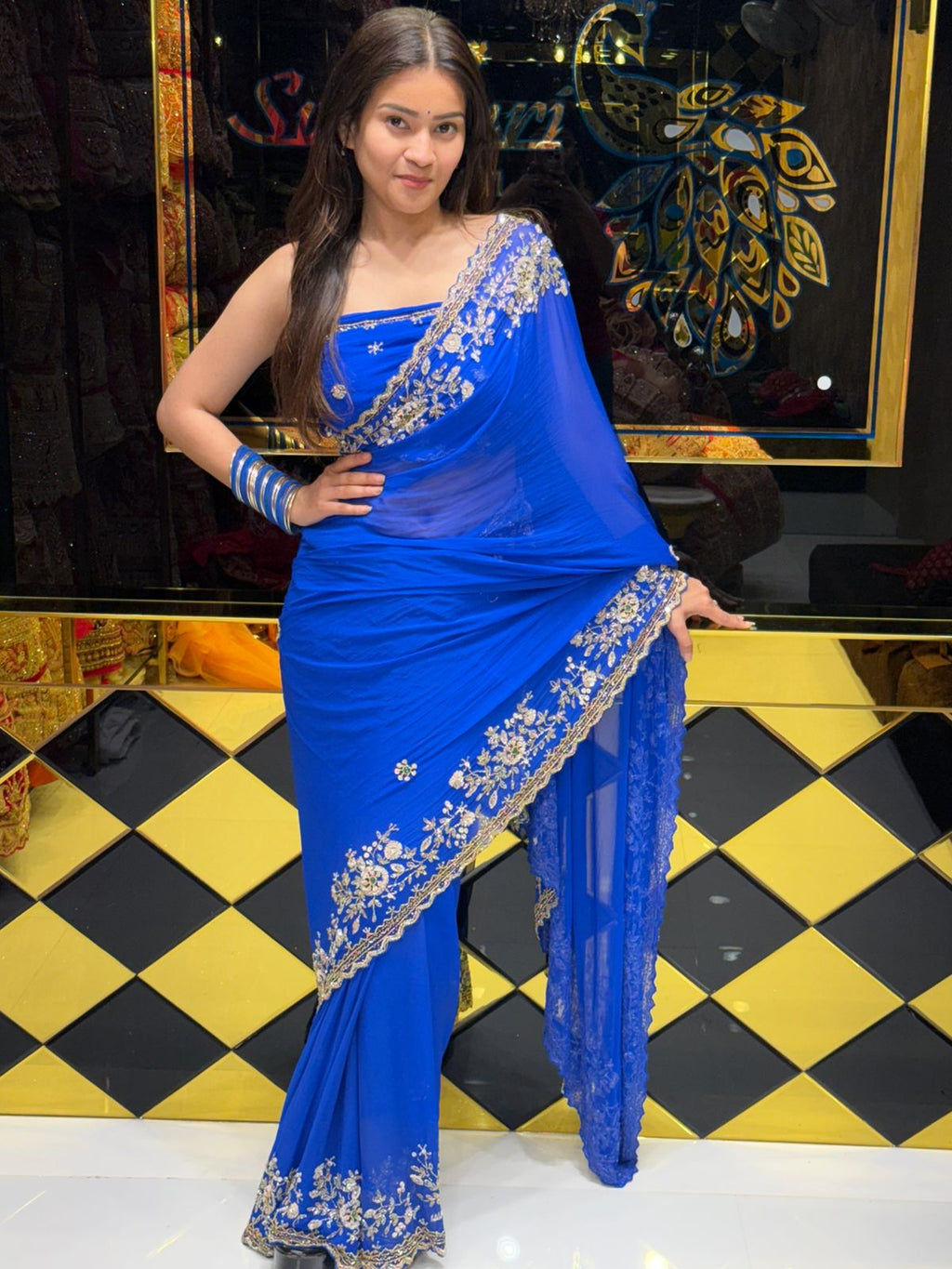 Blue Premium Handwork Pure Chiffon Saree (195)