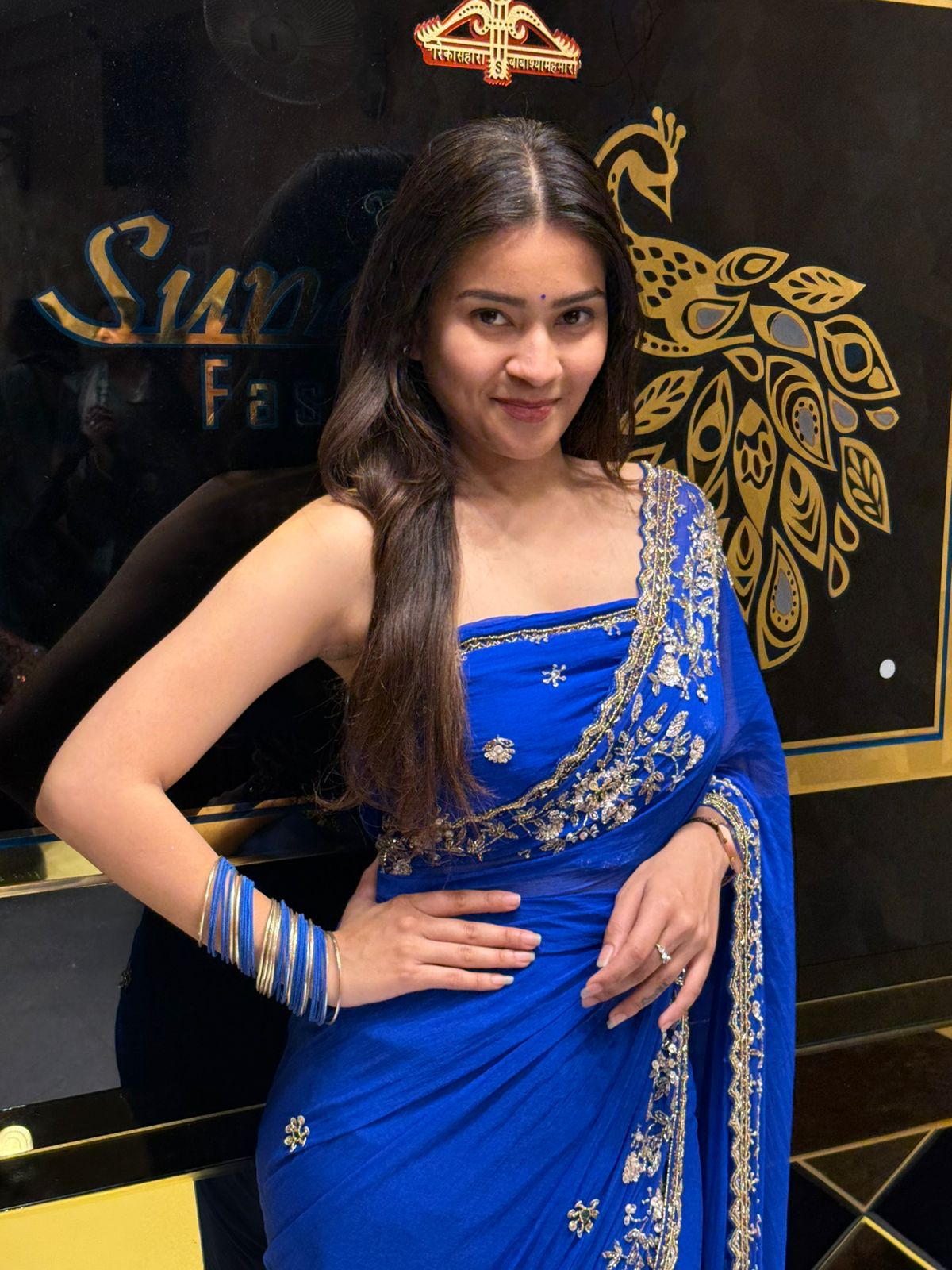 Blue Premium Handwork Pure Chiffon Saree (195)