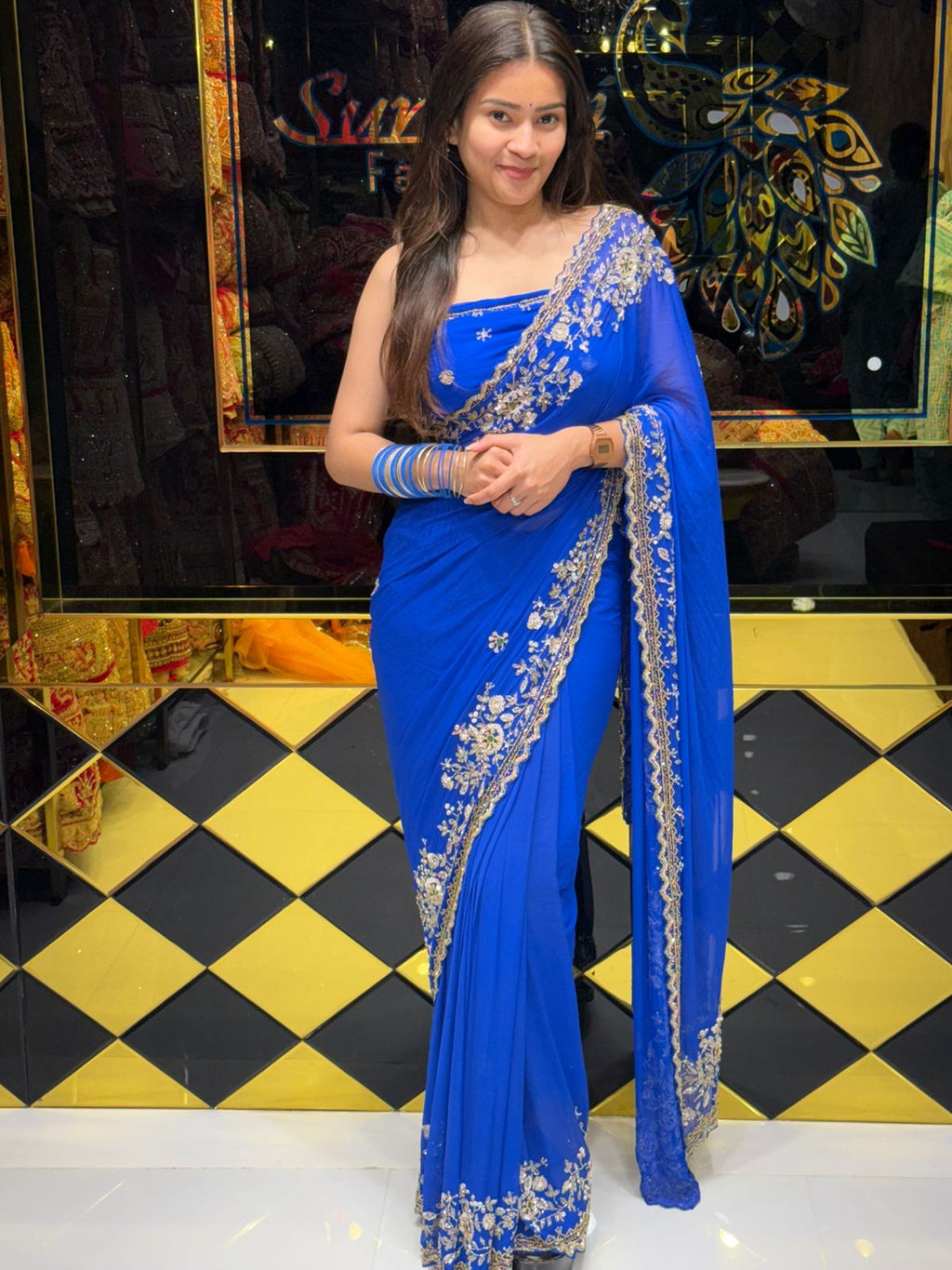 Blue Premium Handwork Pure Chiffon Saree (195)