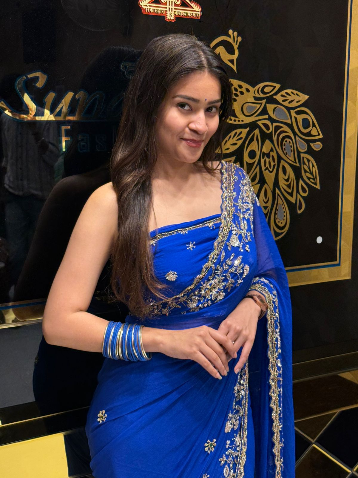 Blue Premium Handwork Pure Chiffon Saree (195)