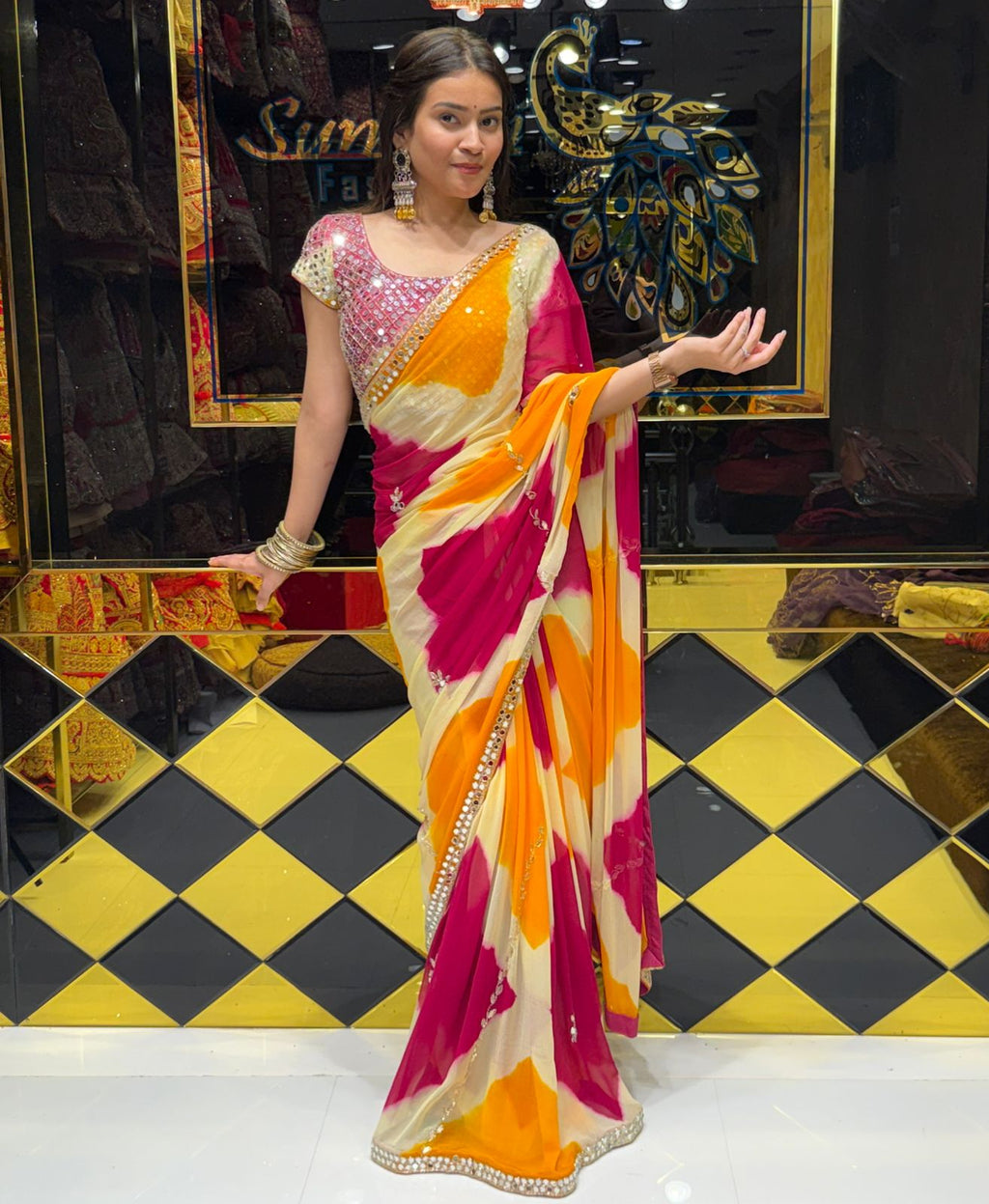 Vibrant MultiColour Mirrorwork Celebrity Style Saree (201)