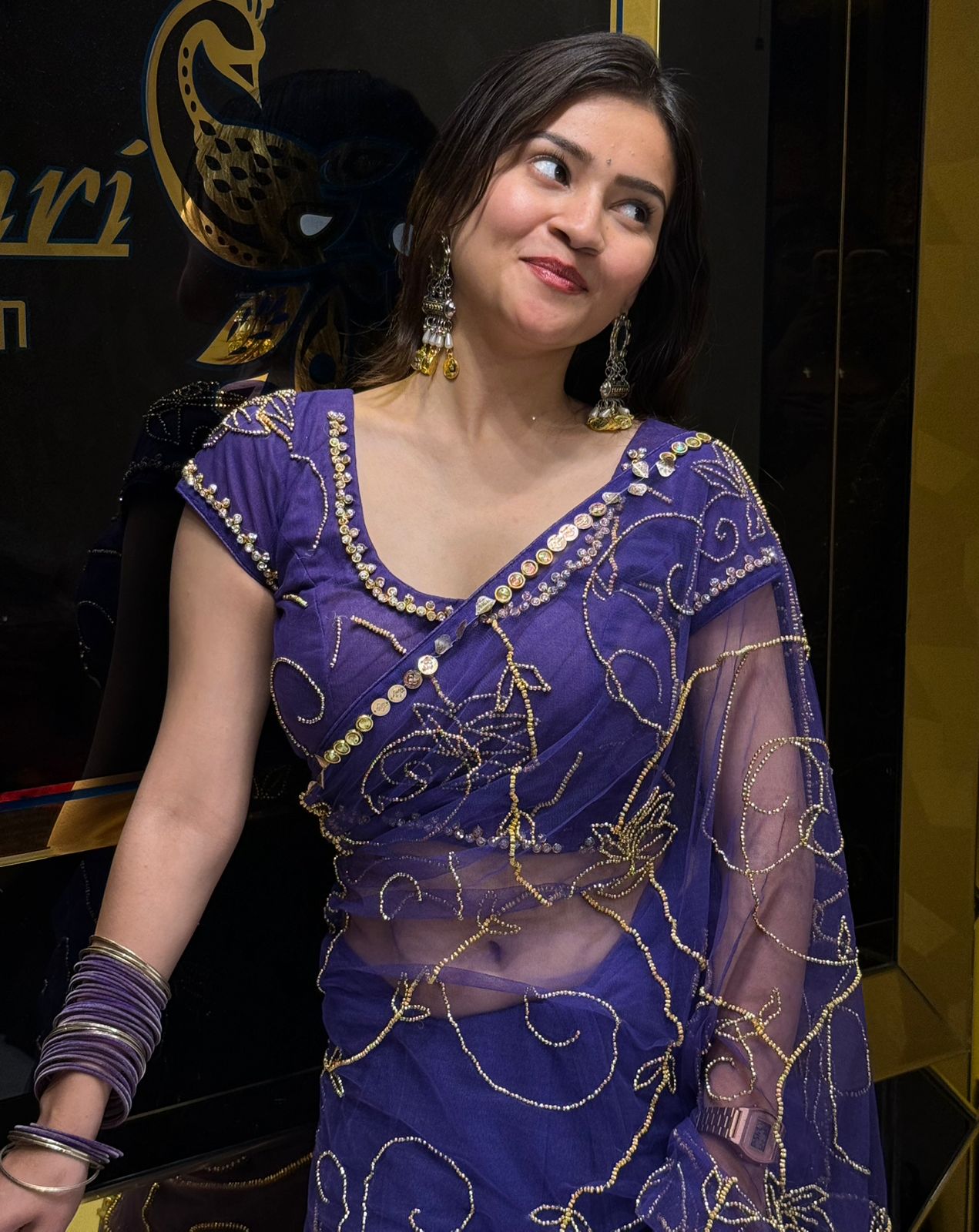 Purple Premium Handwork Pure Chiffon Celebrity Style Saree
