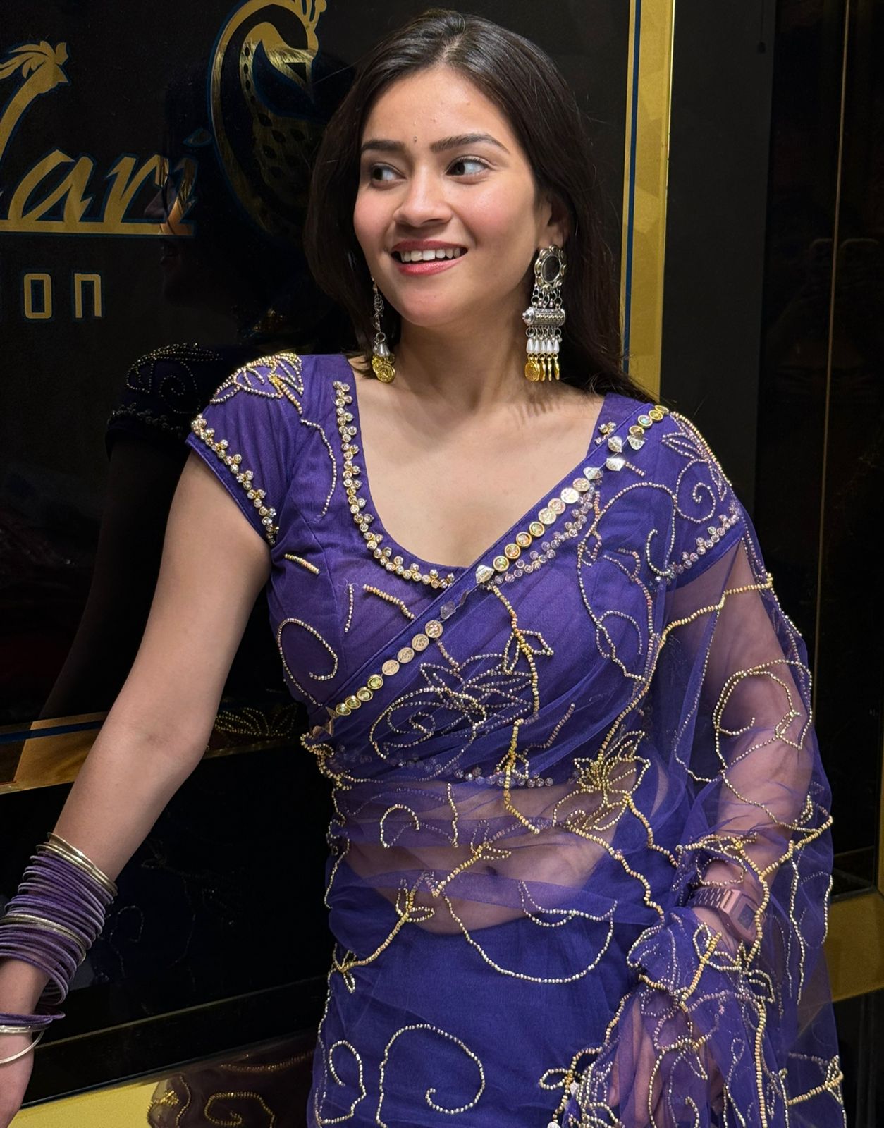 Purple Premium Handwork Pure Chiffon Celebrity Style Saree