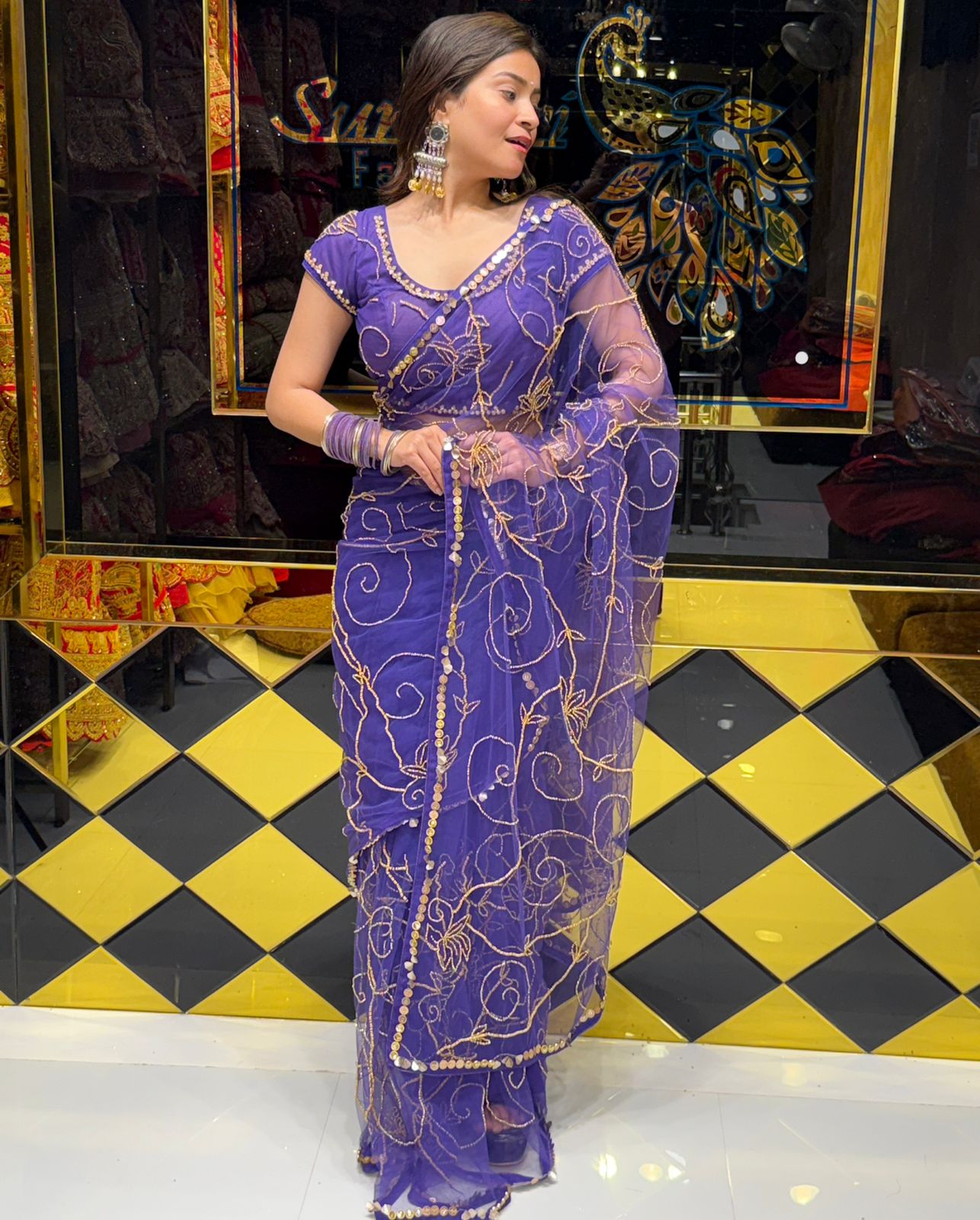 Purple Premium Handwork Pure Chiffon Celebrity Style Saree