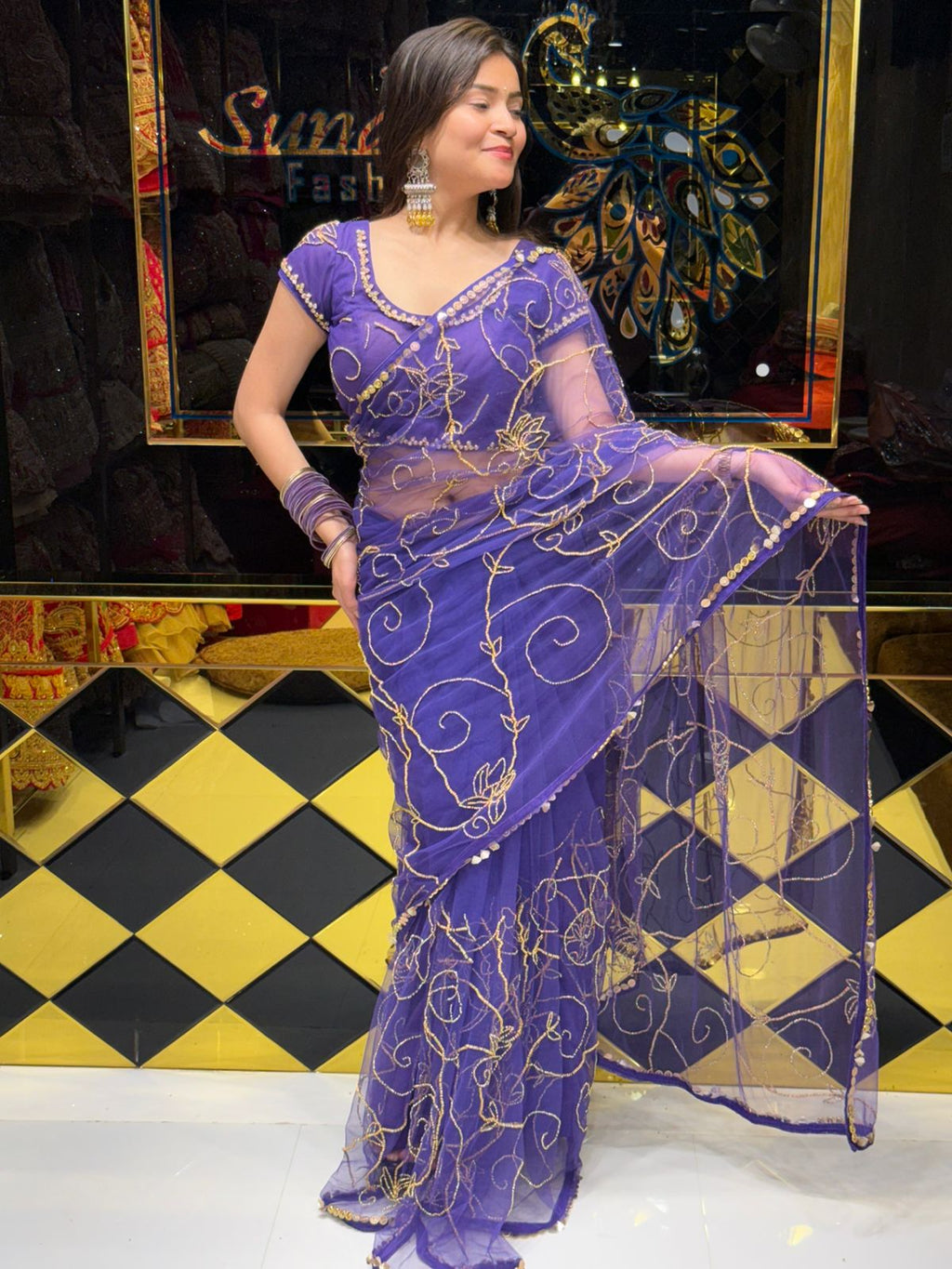 Purple Premium Handwork Pure Chiffon Celebrity Style Saree