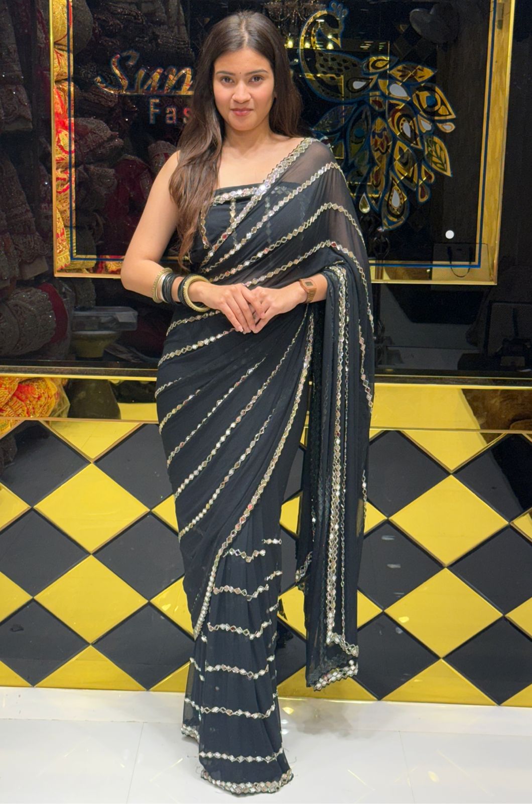 Black Original Mirror Work Saree (198)