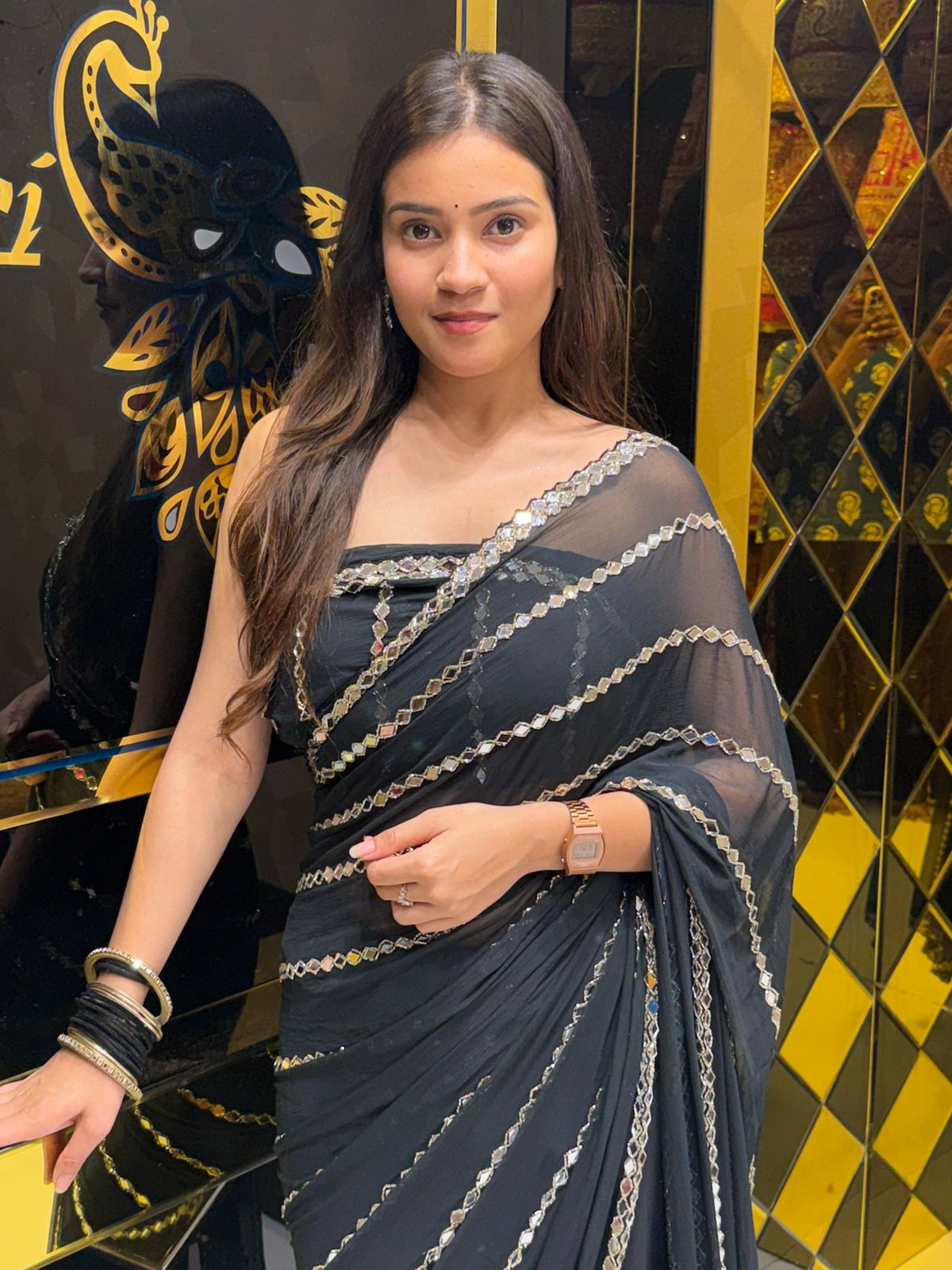 Black Original Mirror Work Saree (198)