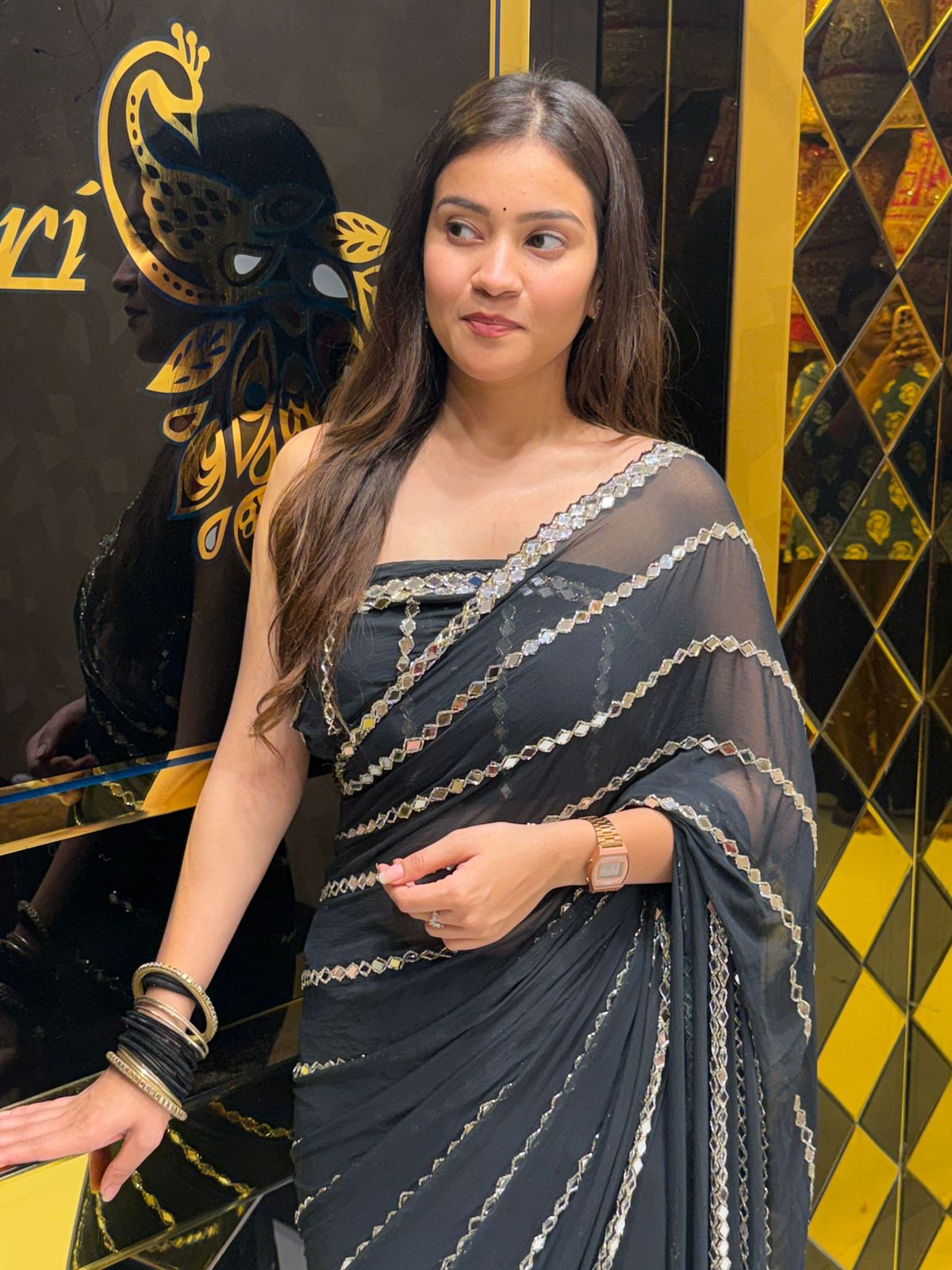 Black Original Mirror Work Saree (198)