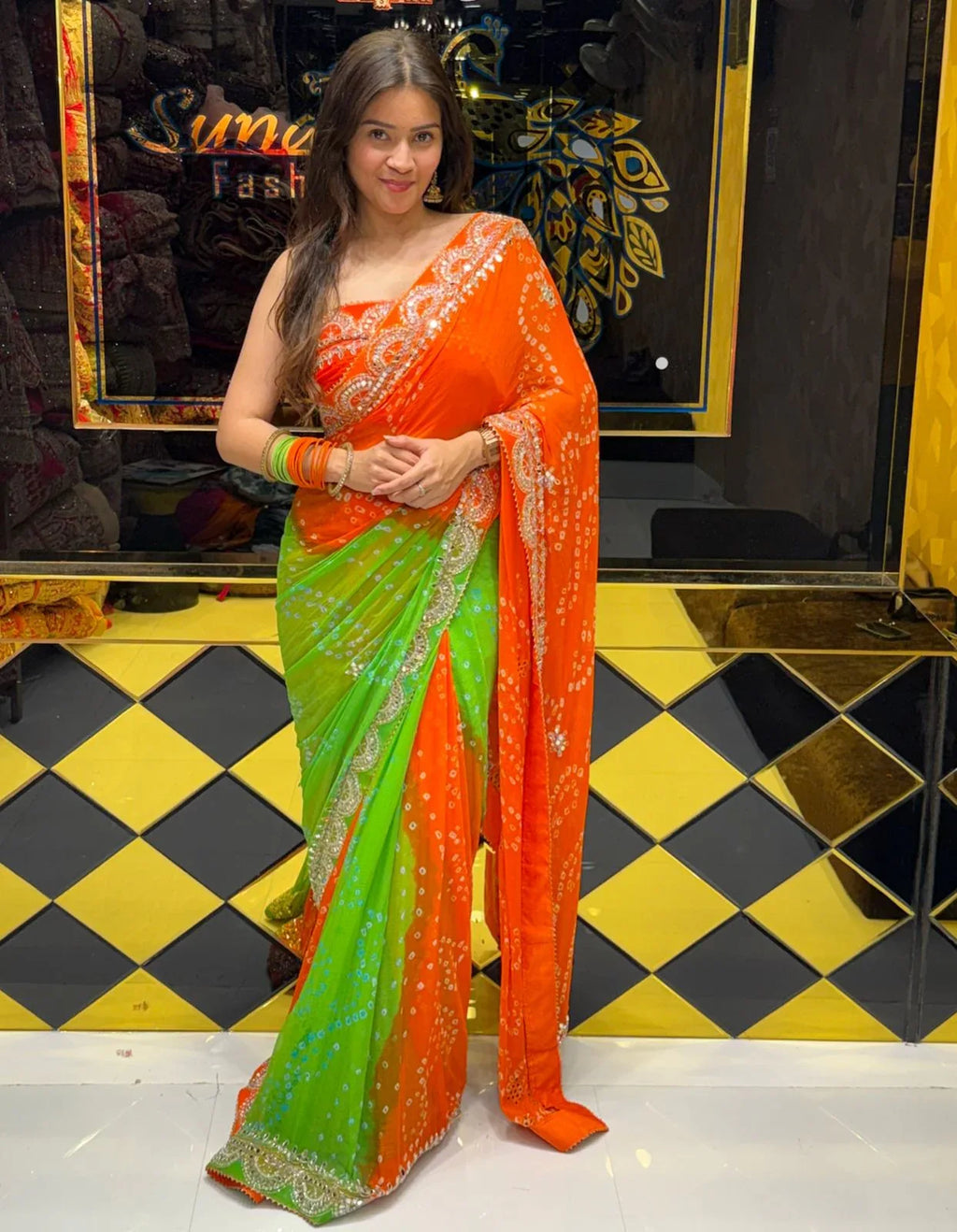 Vibrant Dual Shade Premium Handwork Pure Chiffon Saree (205)
