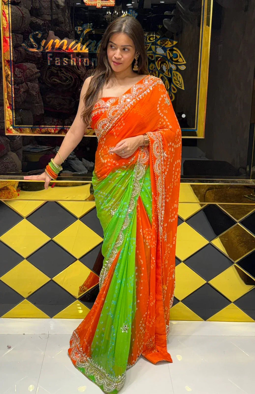 Vibrant Dual Shade Premium Handwork Pure Chiffon Saree (205)