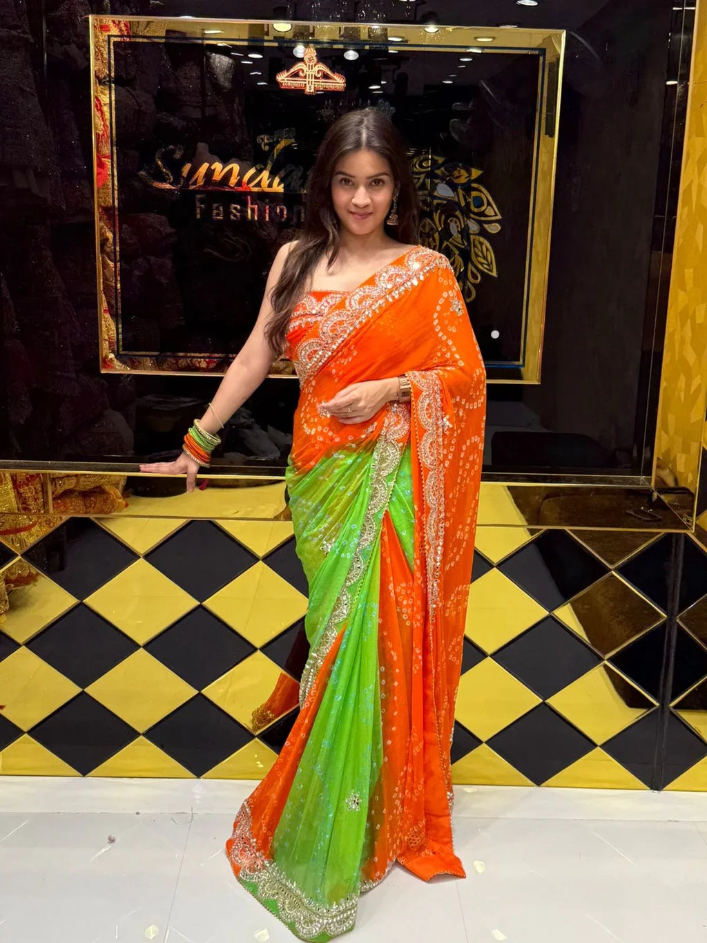 Vibrant Dual Shade Premium Handwork Pure Chiffon Saree (205)
