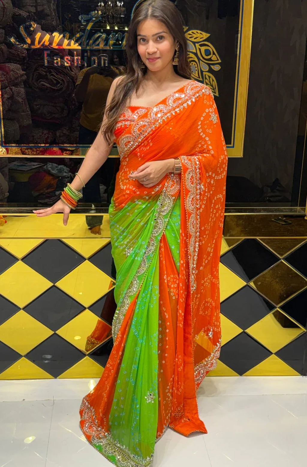 Vibrant Dual Shade Premium Handwork Pure Chiffon Saree (205)