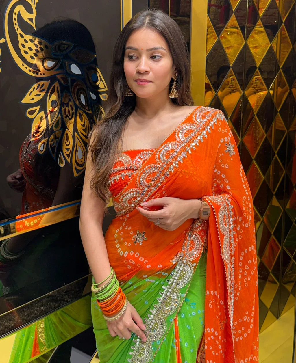 Vibrant Dual Shade Premium Handwork Pure Chiffon Saree (205)