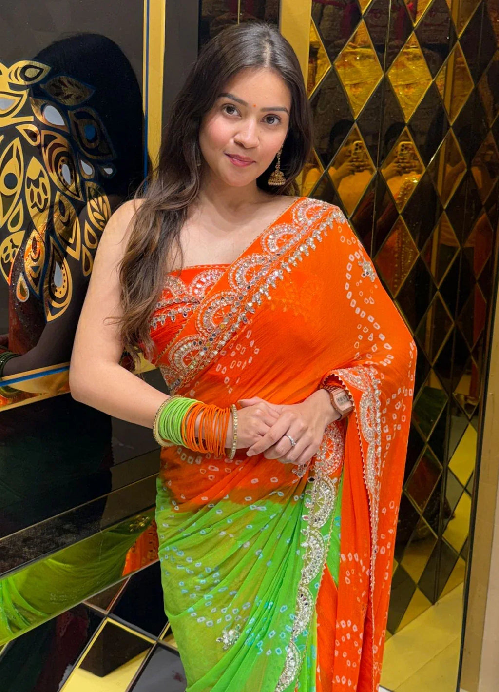 Vibrant Dual Shade Premium Handwork Pure Chiffon Saree (205)