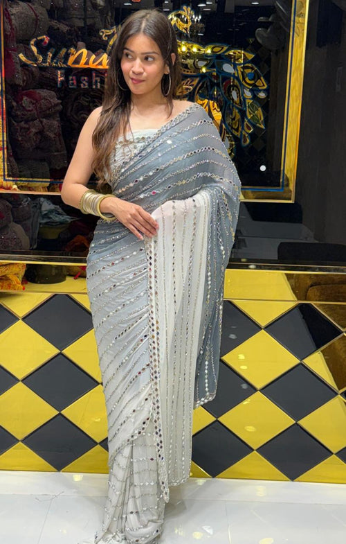 Dual Shade Premium Handwork Pure Chiffon Saree (200)