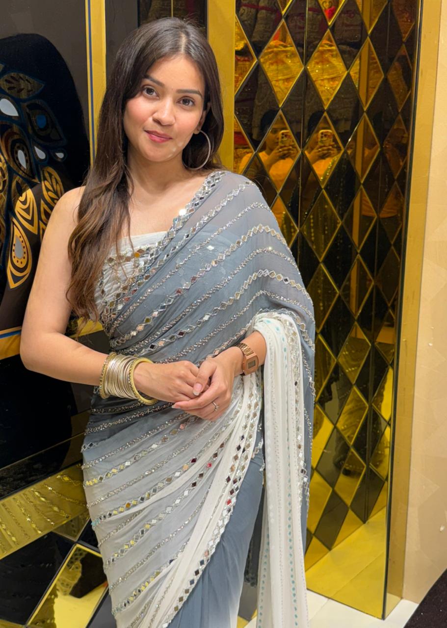 Dual Shade Premium Handwork Pure Chiffon Saree (200)