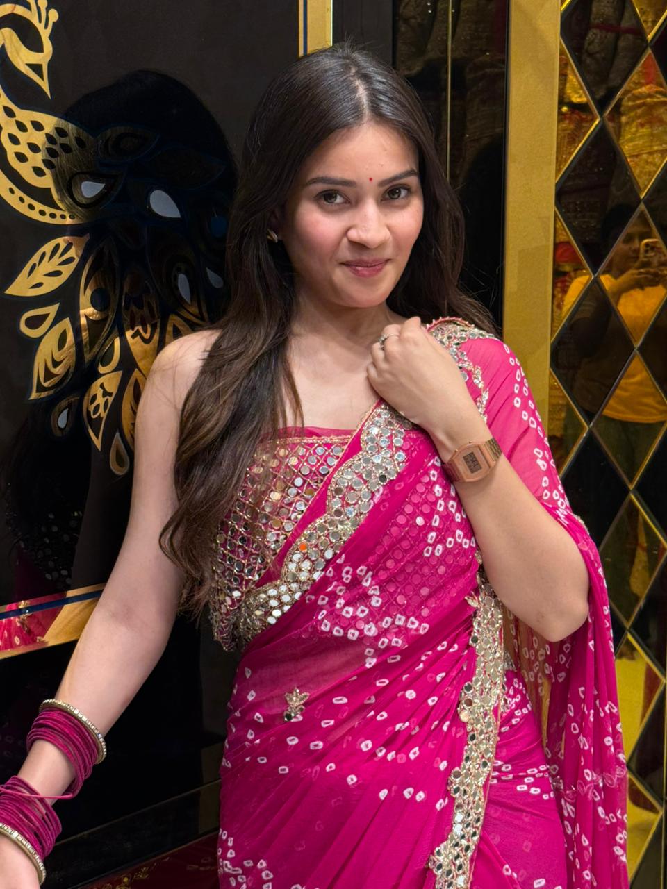 Pink Bandhej Mirror handwork Pure Chiffon Saree (199)