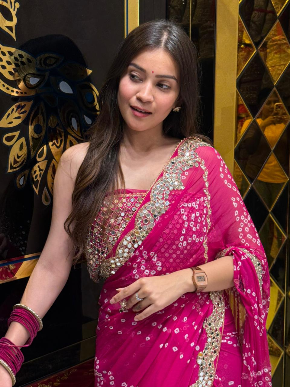 Pink Bandhej Mirror handwork Pure Chiffon Saree (199)