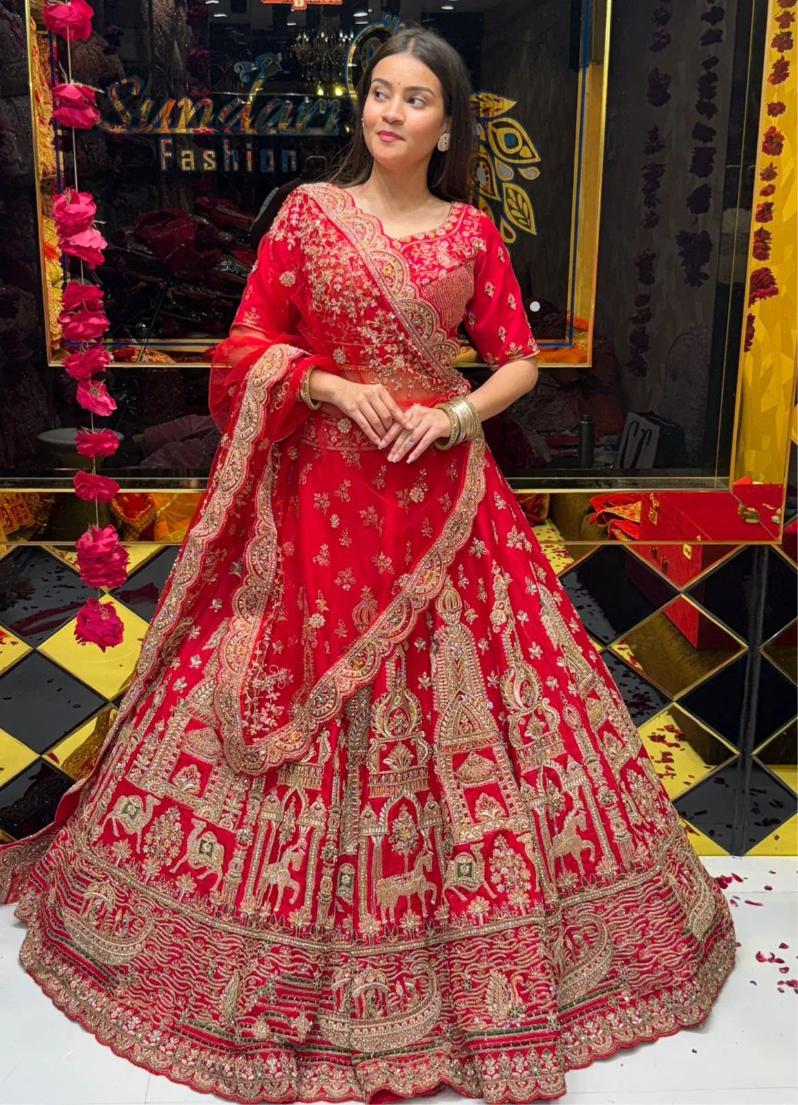 Red Heavy Bridal Handwork Lehenga Set