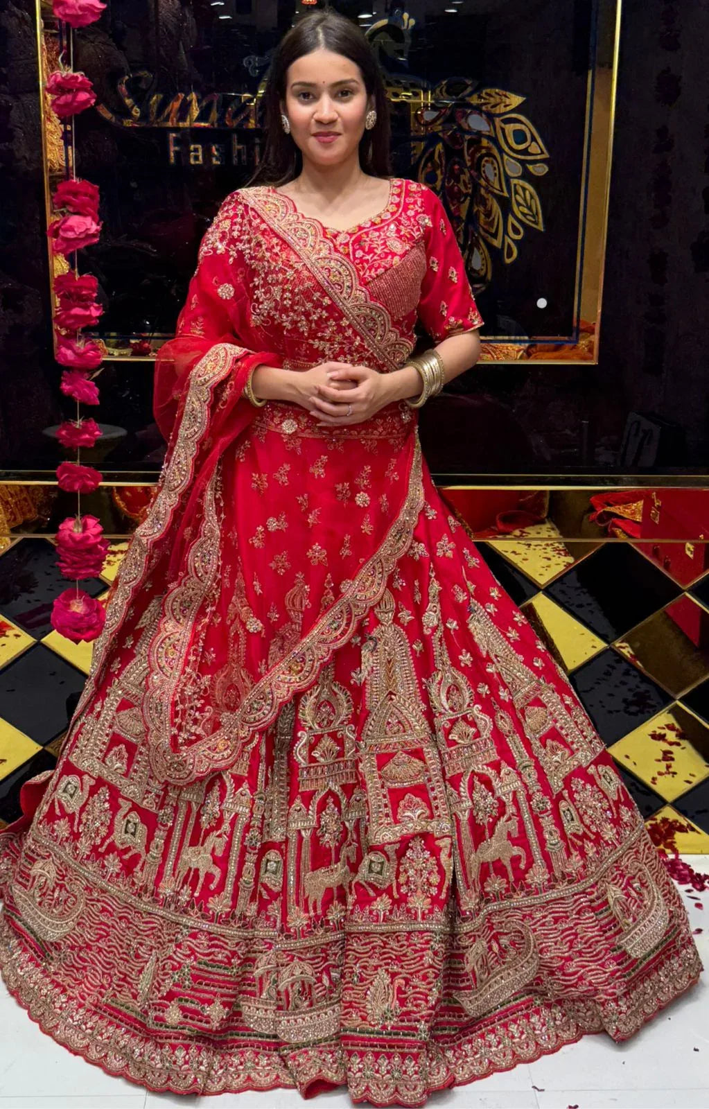 Red Heavy Bridal Handwork Lehenga Set