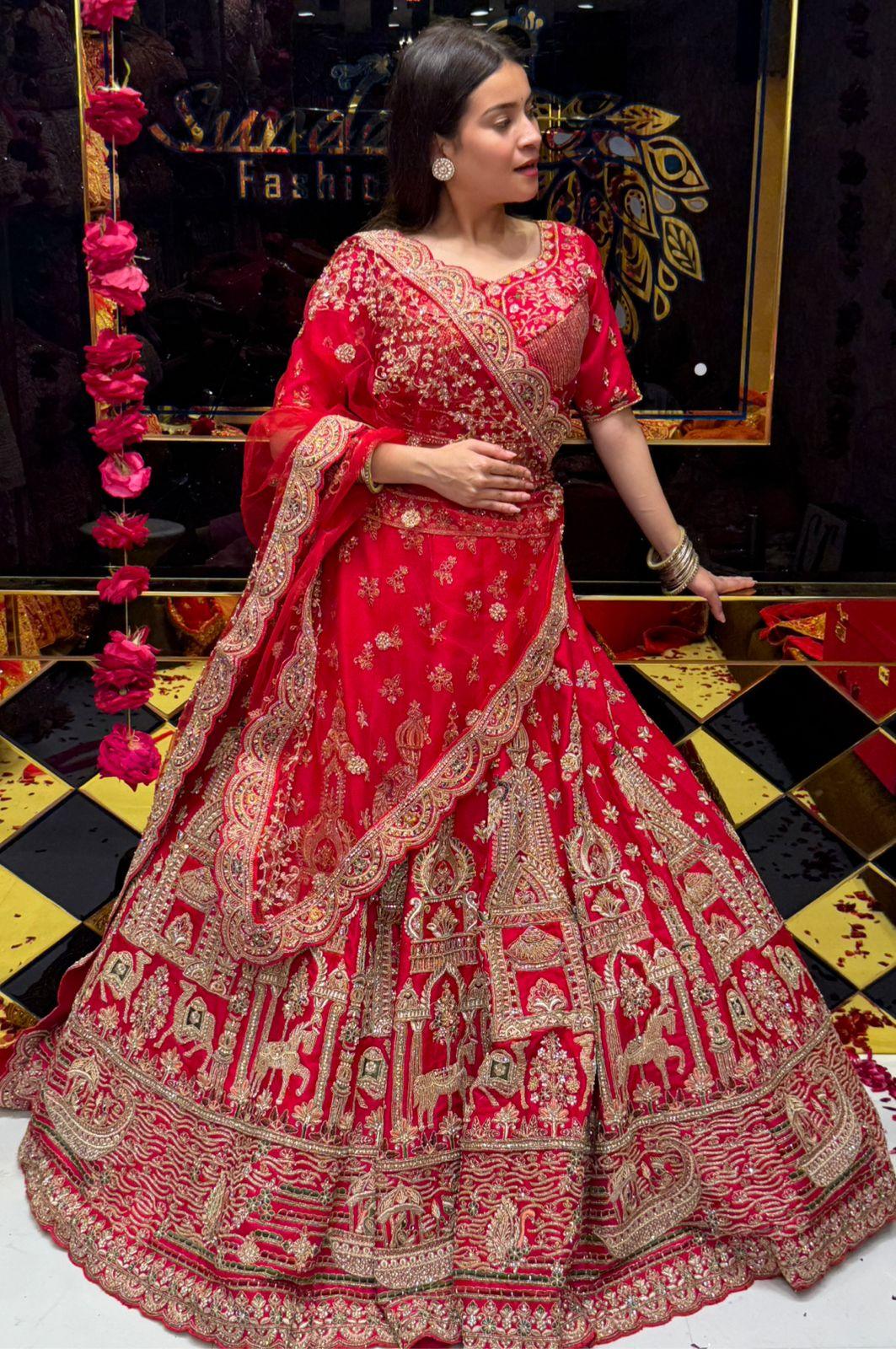 Red Heavy Bridal Handwork Lehenga Set