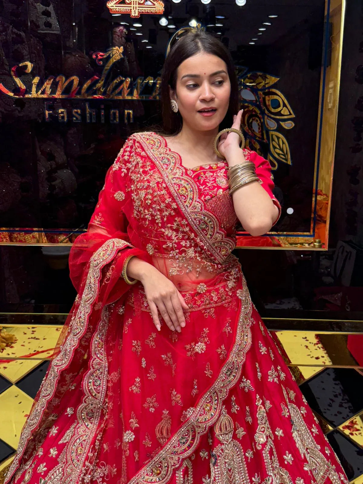 Red Heavy Bridal Handwork Lehenga Set
