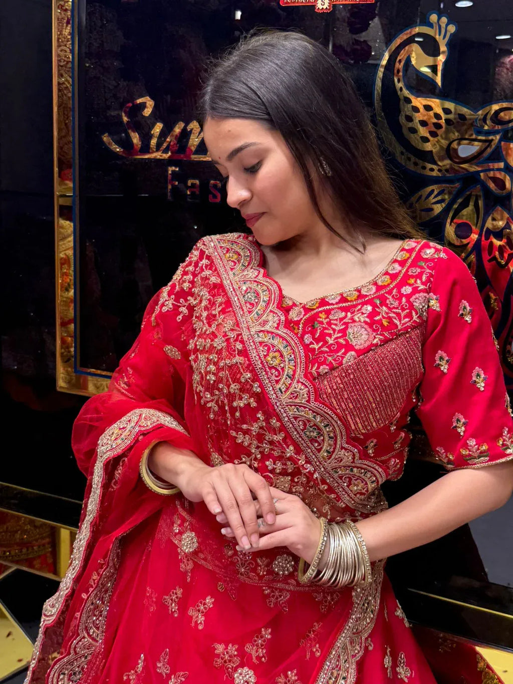 Red Heavy Bridal Handwork Lehenga Set