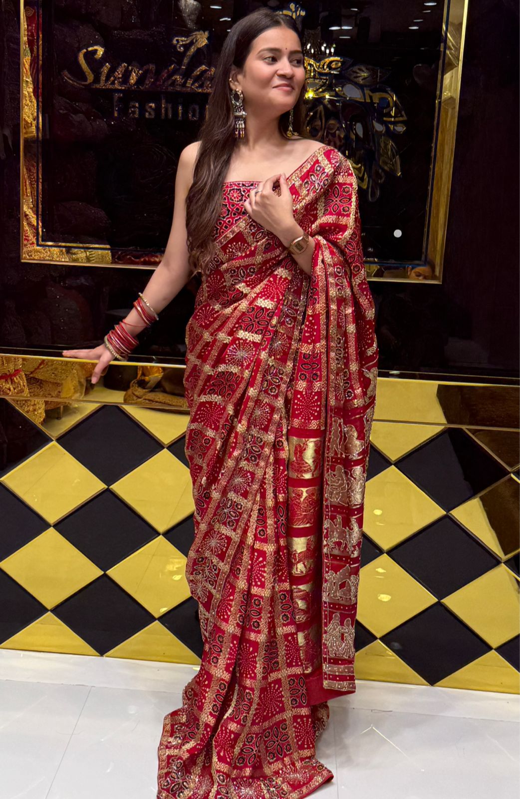Ajrakh Gaji Silk Handwork Saree (206)