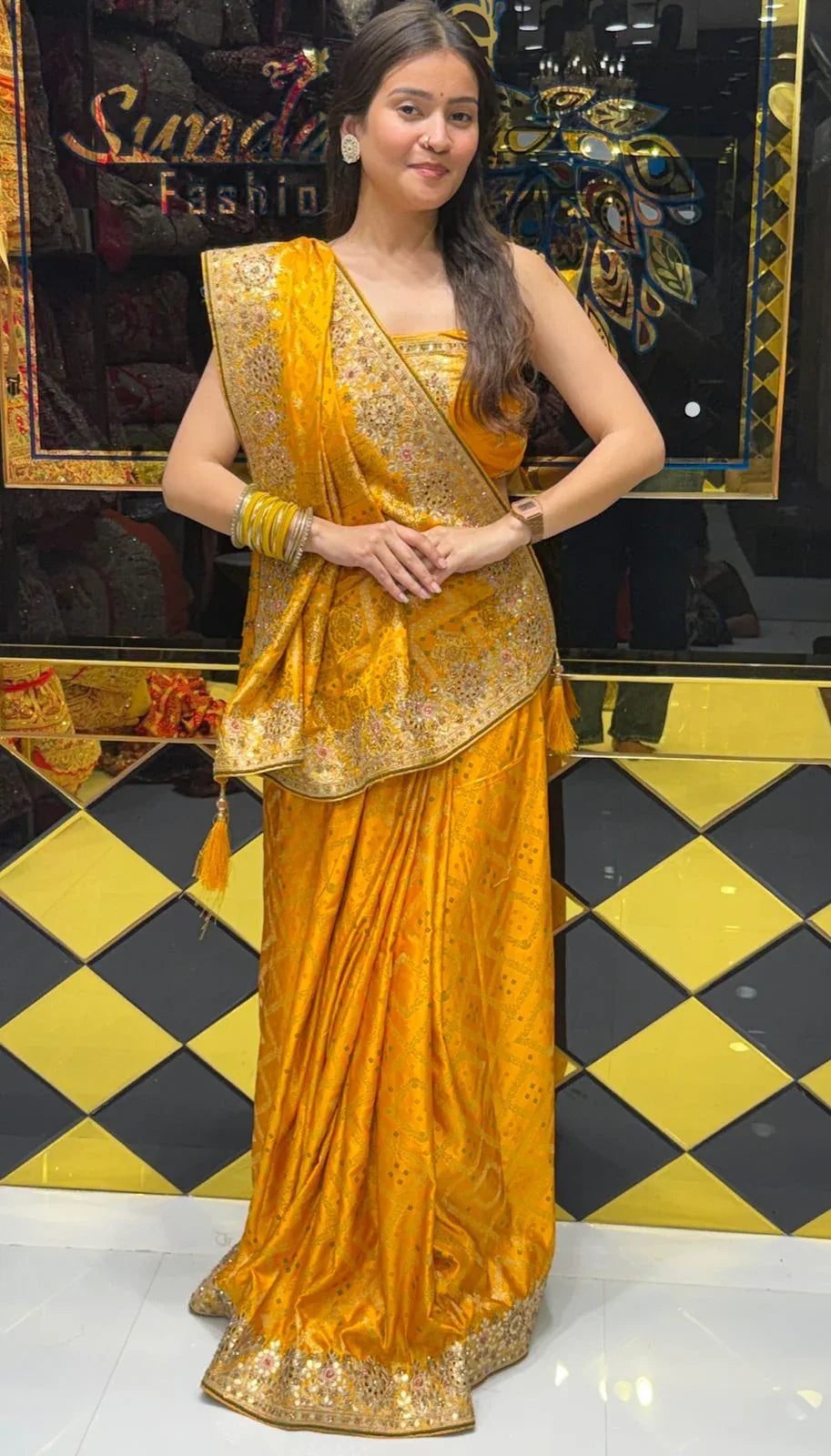 Mustard Bandhani Gaji Silk Handcrafted Saree (212)