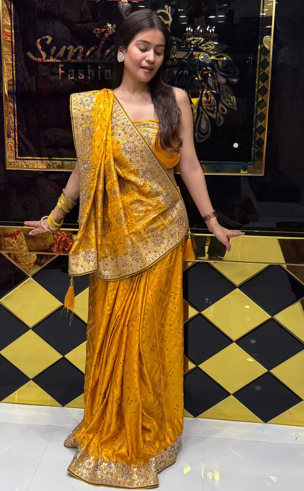 Mustard Bandhani Gaji Silk Handcrafted Saree (212)