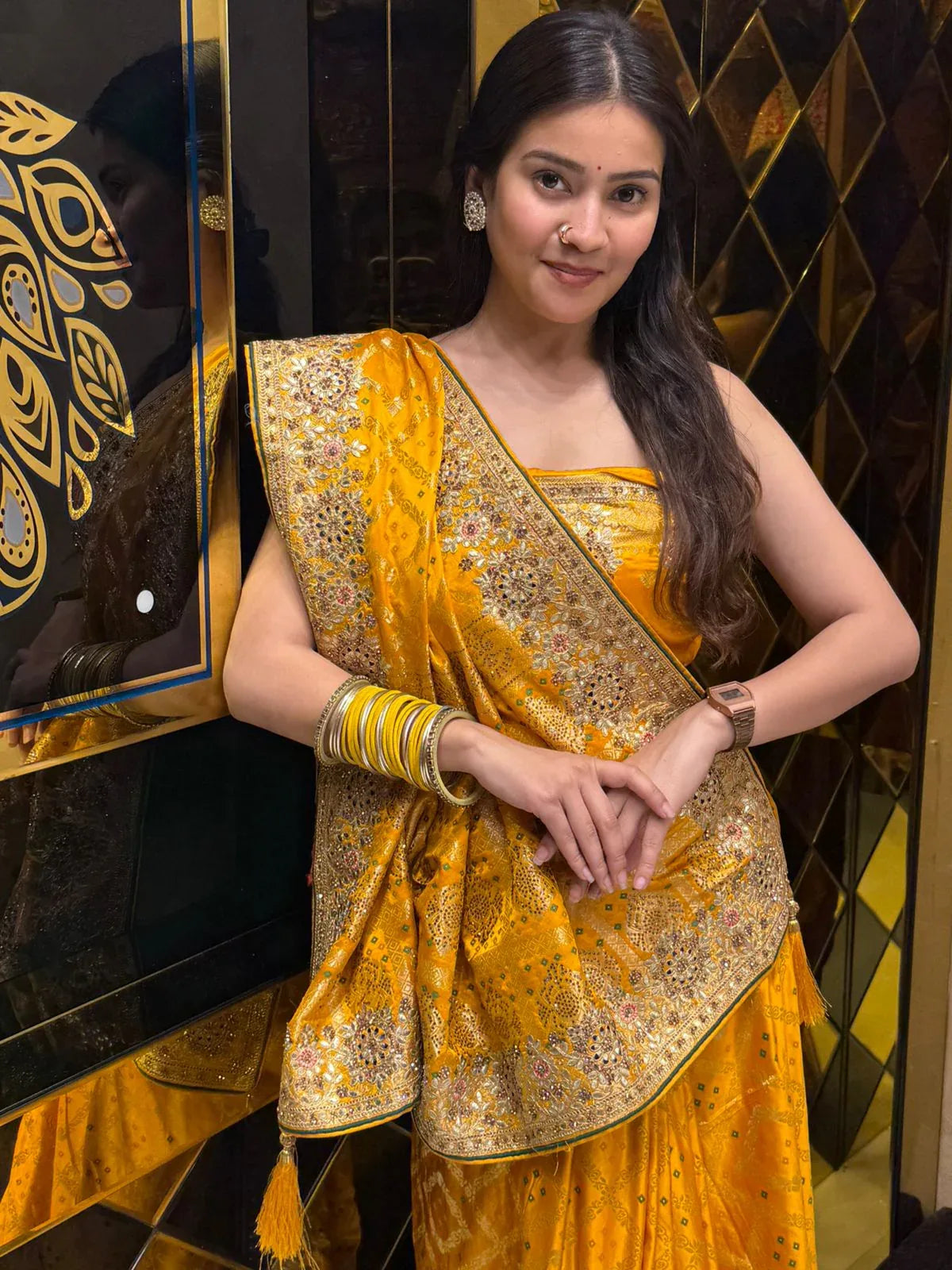 Mustard Bandhani Gaji Silk Handcrafted Saree (212)