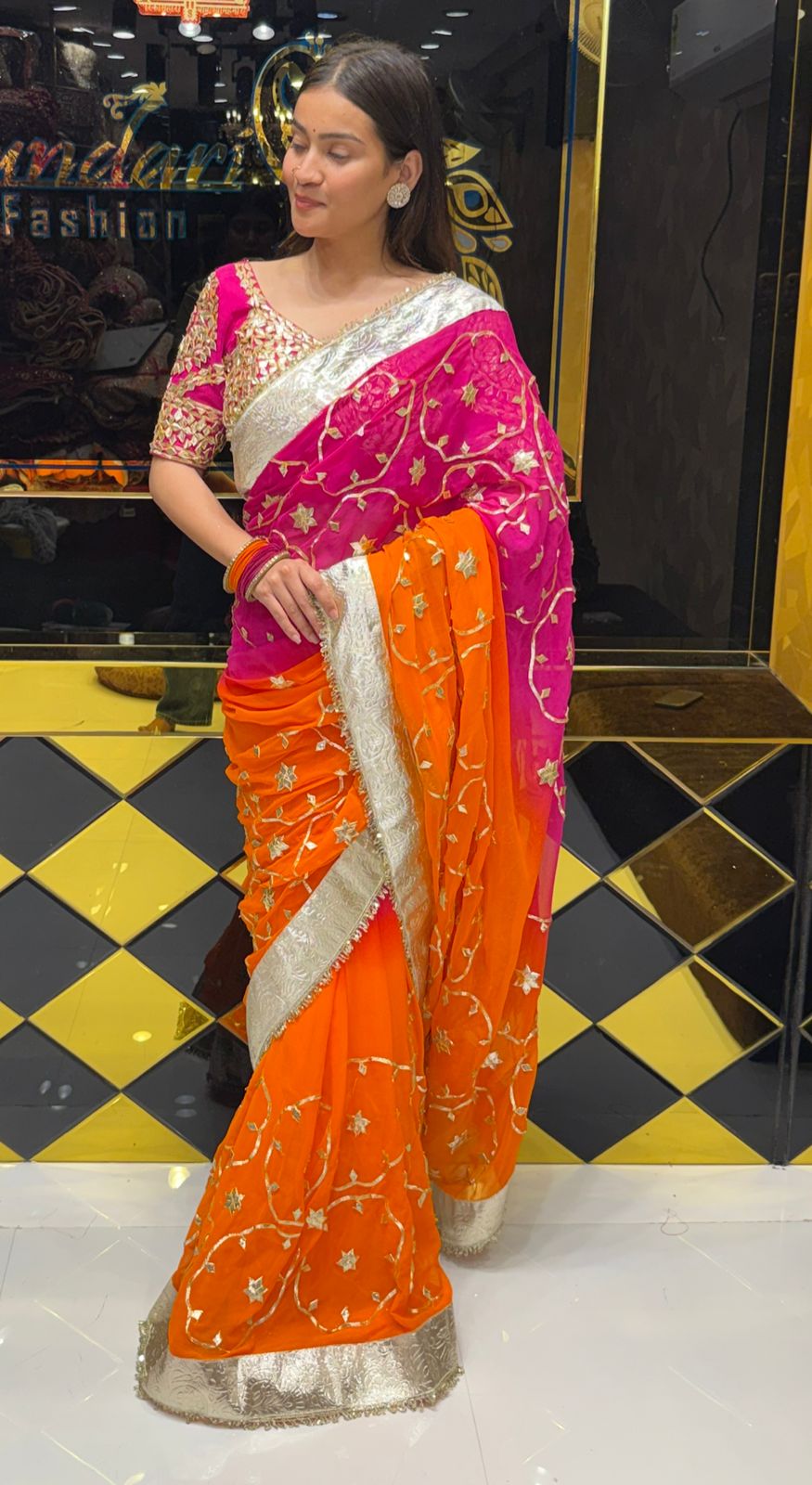 Aangi Blouse Pure Chiffon Beautiful Gotapati Handwork Saree (216)