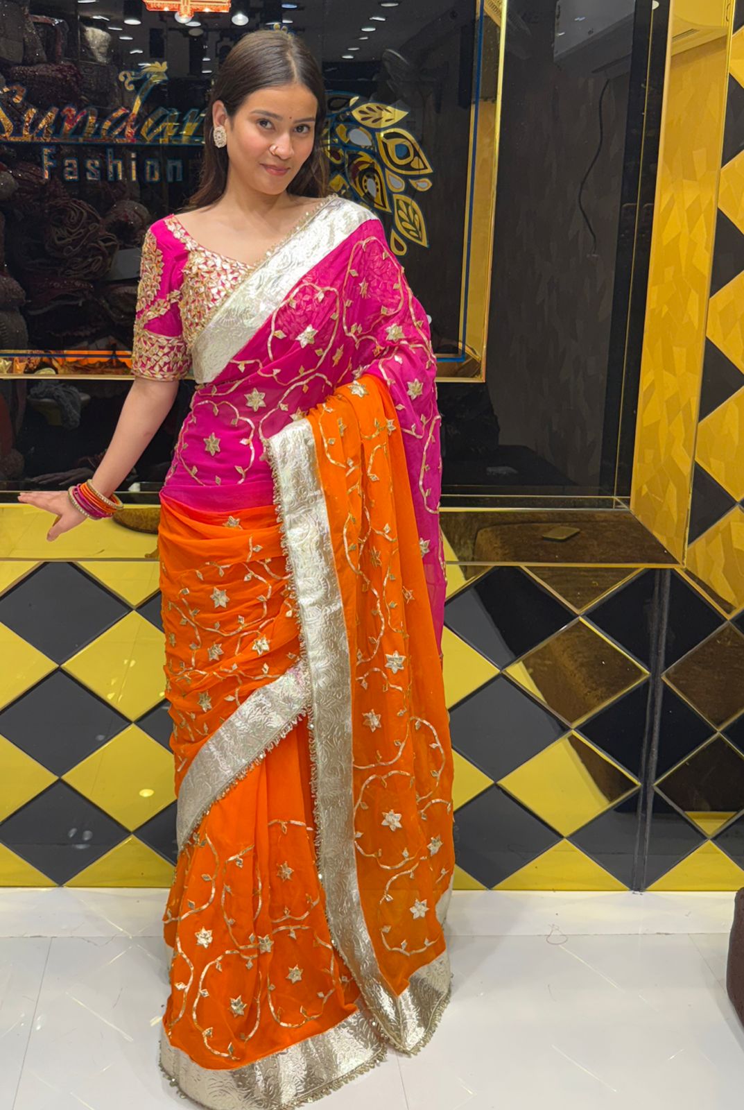 Aangi Blouse Pure Chiffon Beautiful Gotapati Handwork Saree (216)