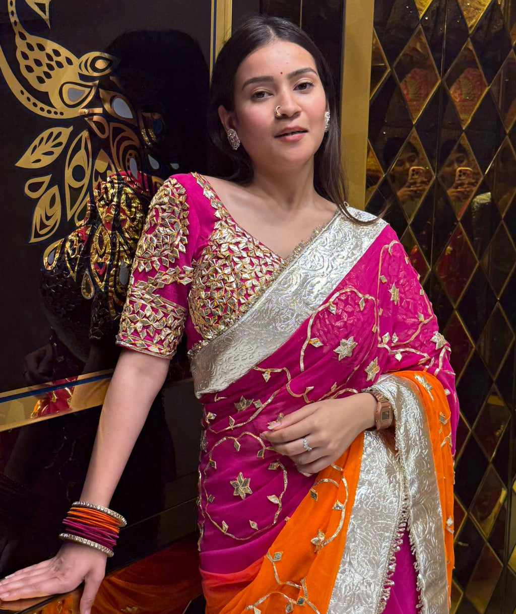 Aangi Blouse Pure Chiffon Beautiful Gotapati Handwork Saree (216)