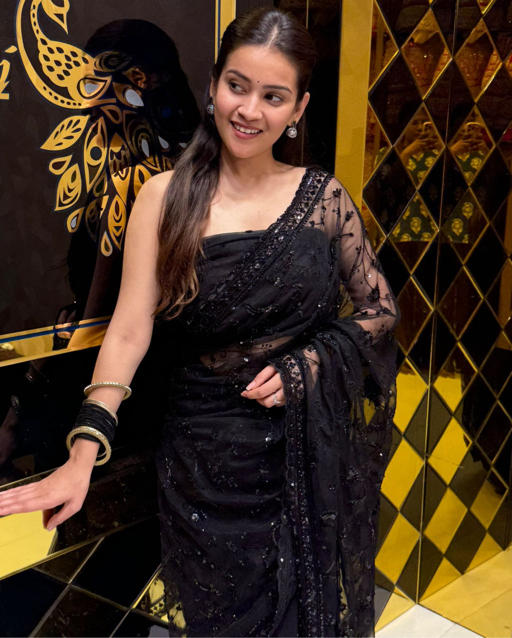 Stunning Black Korean Net Saree (204)