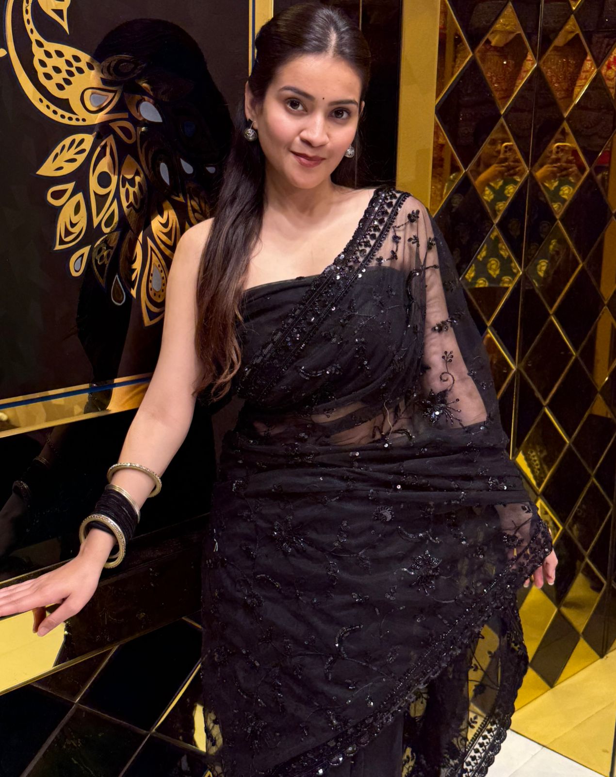 Stunning Black Korean Net Saree (204)