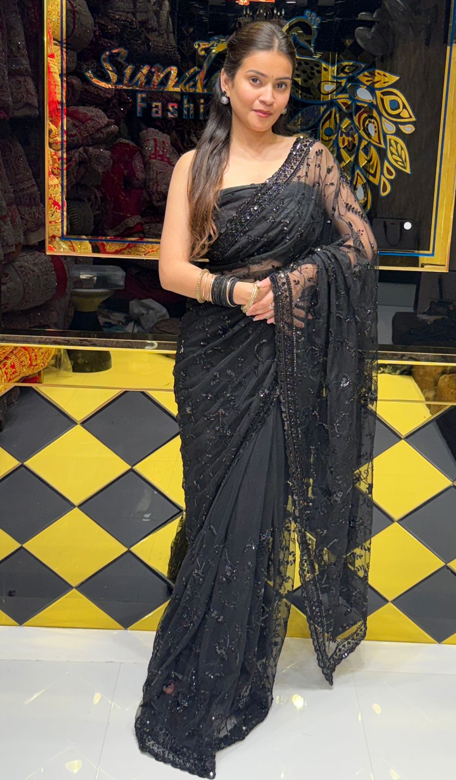 Stunning Black Korean Net Saree (204)